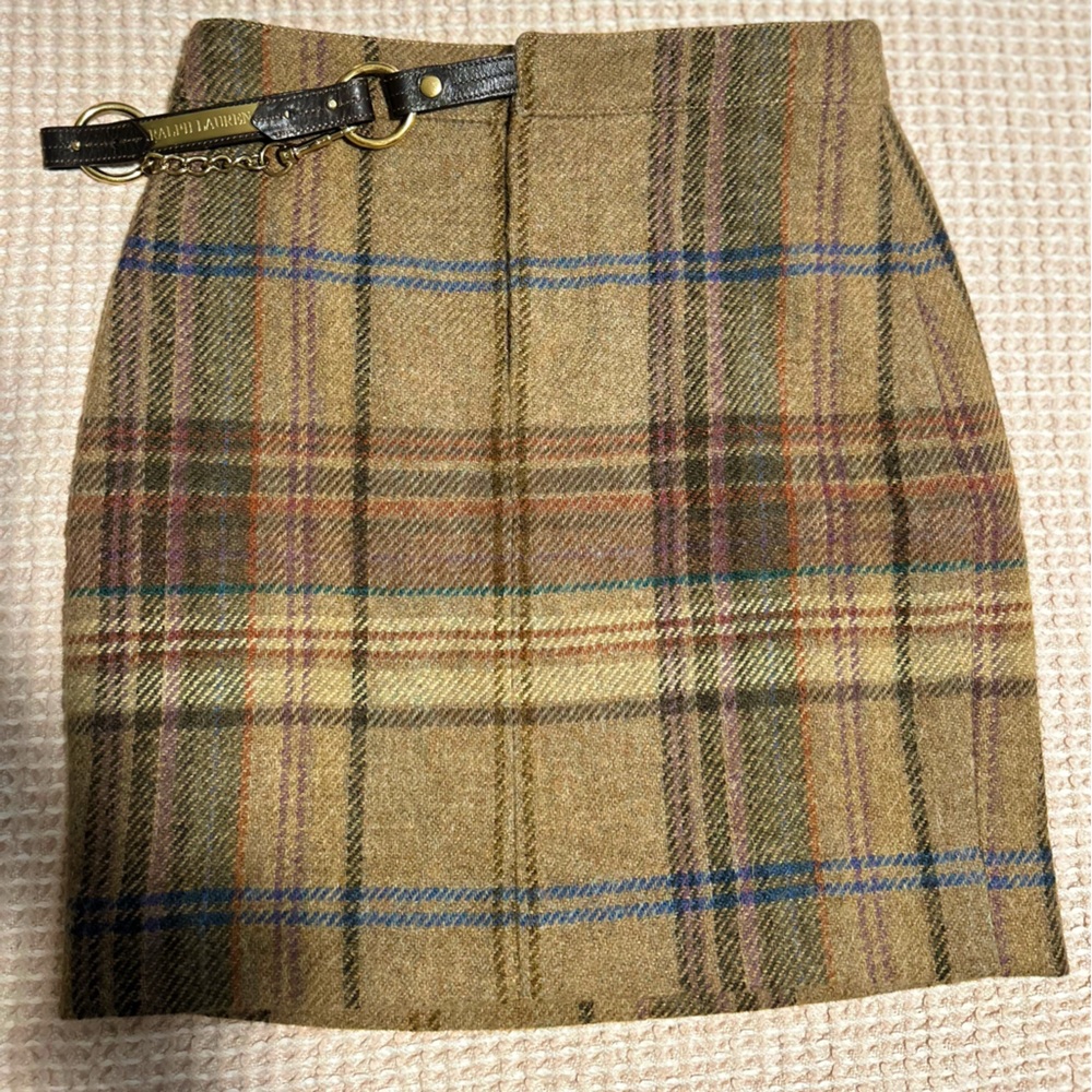 Plaid Wool Skirt with Belt Accent